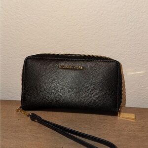 Michael Kors Black Saffiano Leather Wristlet Clutch with Gold Hardware